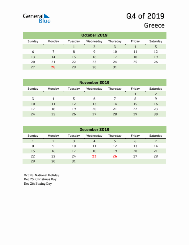 Quarterly Calendar 2019 with Greece Holidays