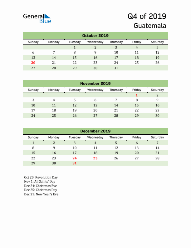 Quarterly Calendar 2019 with Guatemala Holidays