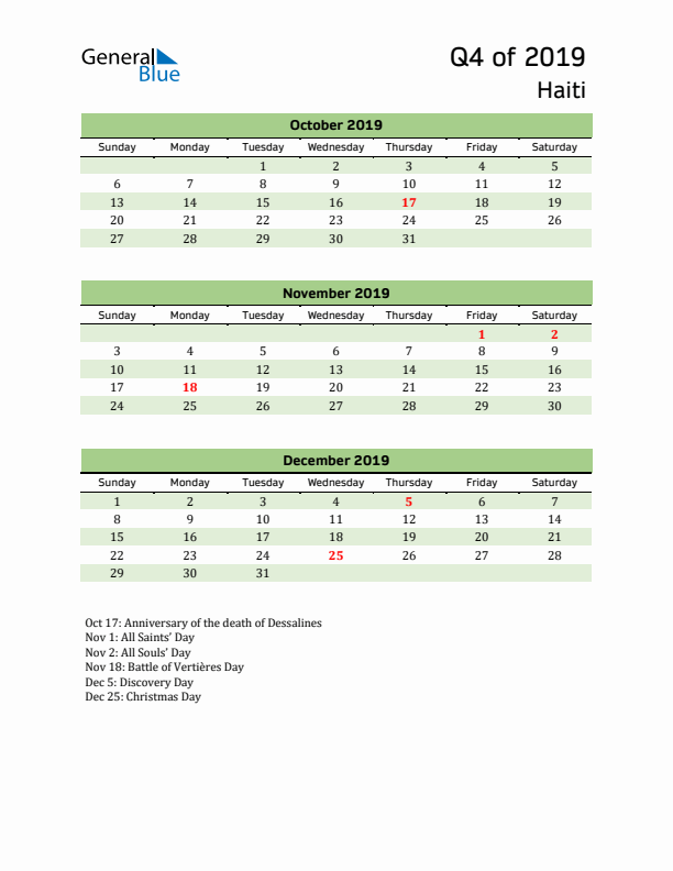 Quarterly Calendar 2019 with Haiti Holidays