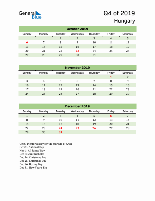 Quarterly Calendar 2019 with Hungary Holidays