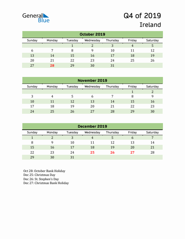 Quarterly Calendar 2019 with Ireland Holidays