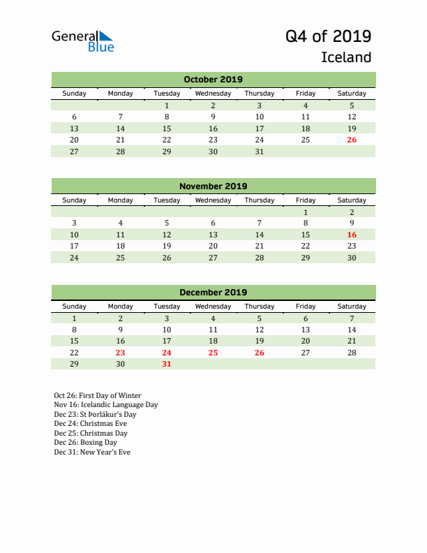 Quarterly Calendar 2019 with Iceland Holidays