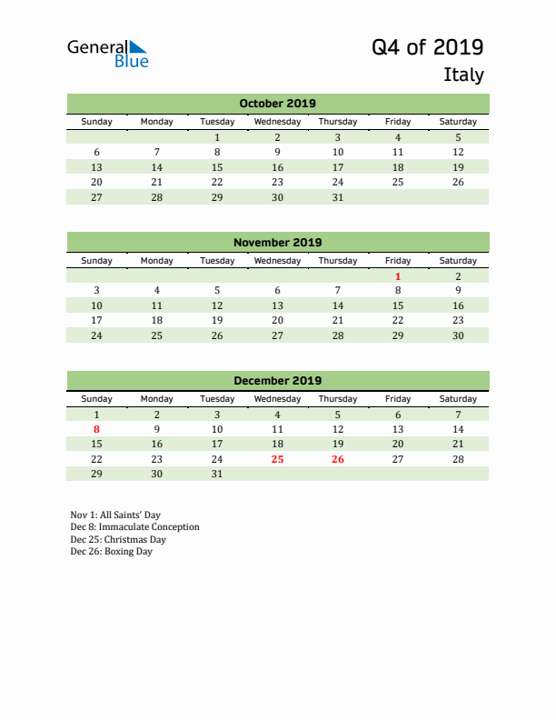 Quarterly Calendar 2019 with Italy Holidays