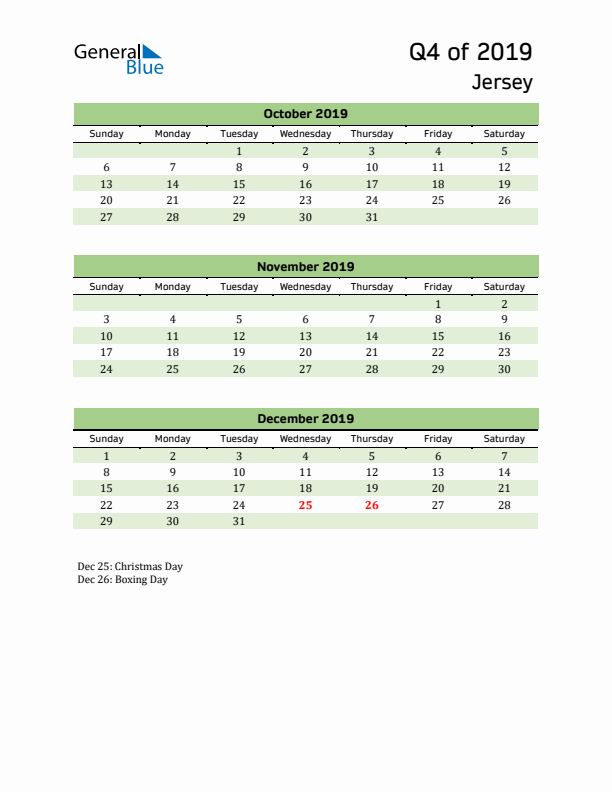 Quarterly Calendar 2019 with Jersey Holidays