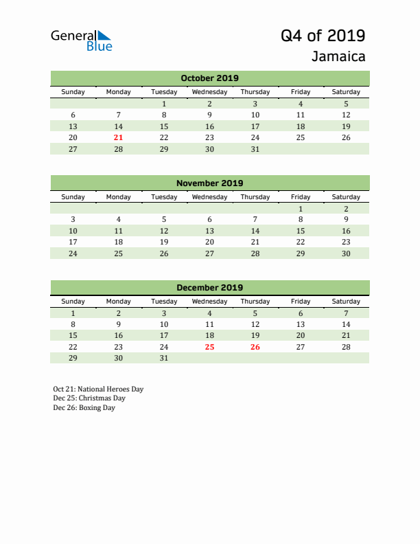 Quarterly Calendar 2019 with Jamaica Holidays