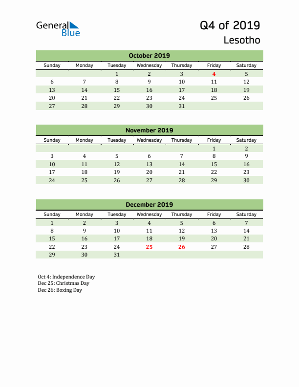 Quarterly Calendar 2019 with Lesotho Holidays