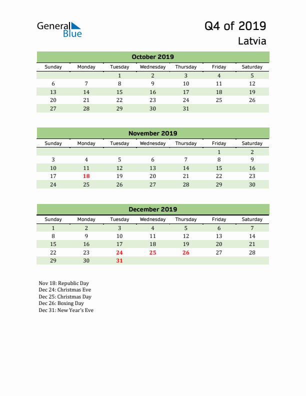 Quarterly Calendar 2019 with Latvia Holidays