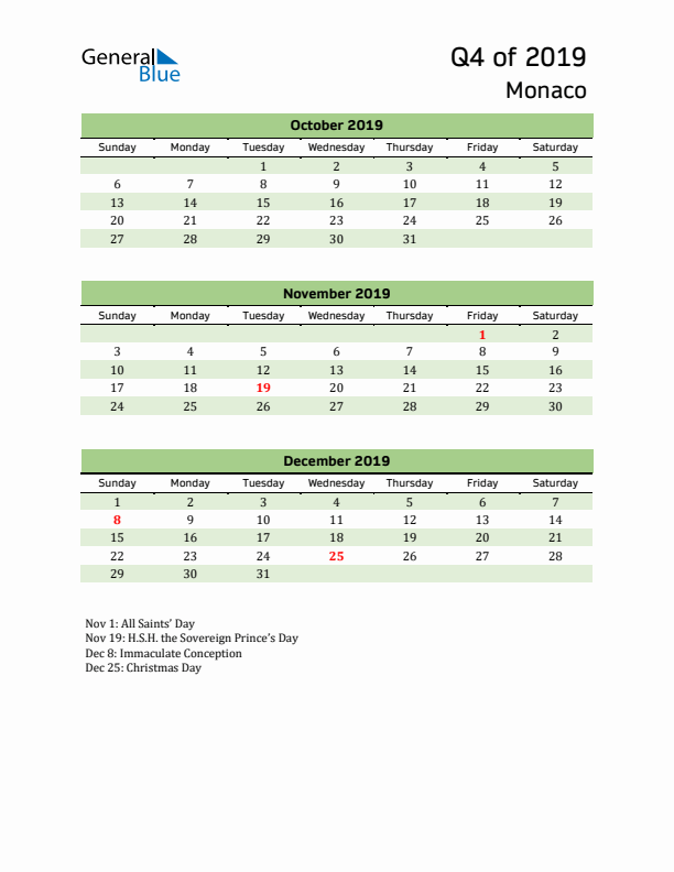 Quarterly Calendar 2019 with Monaco Holidays