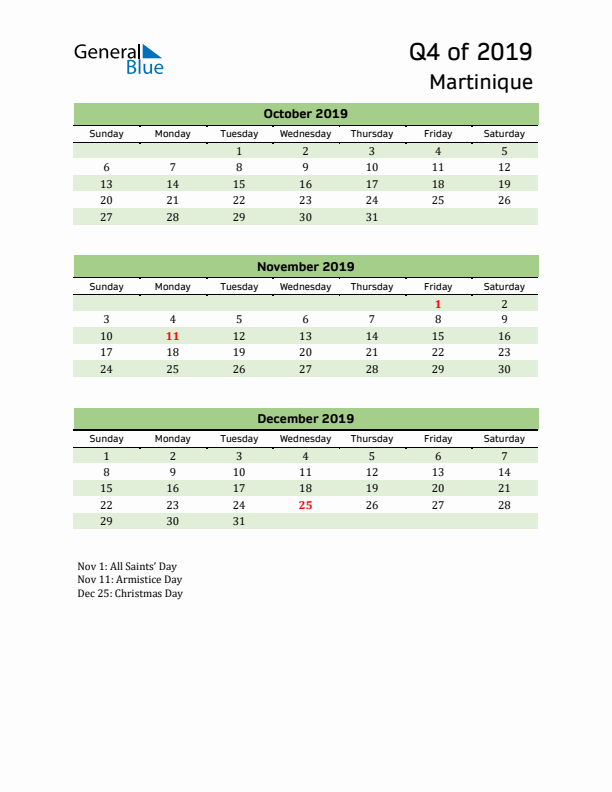 Quarterly Calendar 2019 with Martinique Holidays