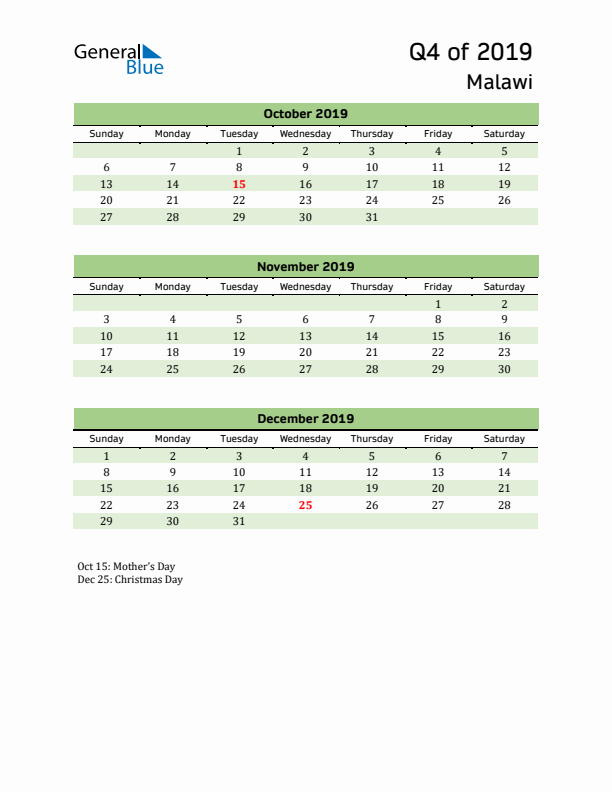 Quarterly Calendar 2019 with Malawi Holidays