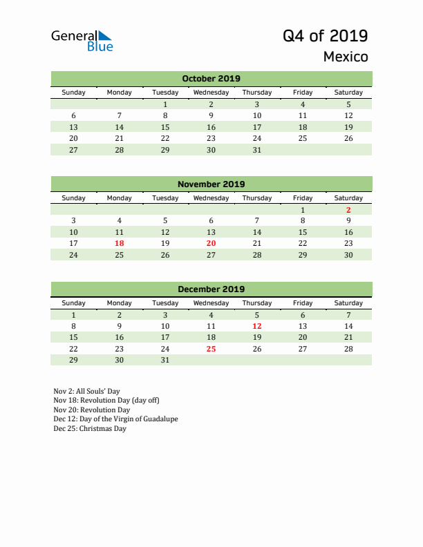 Quarterly Calendar 2019 with Mexico Holidays