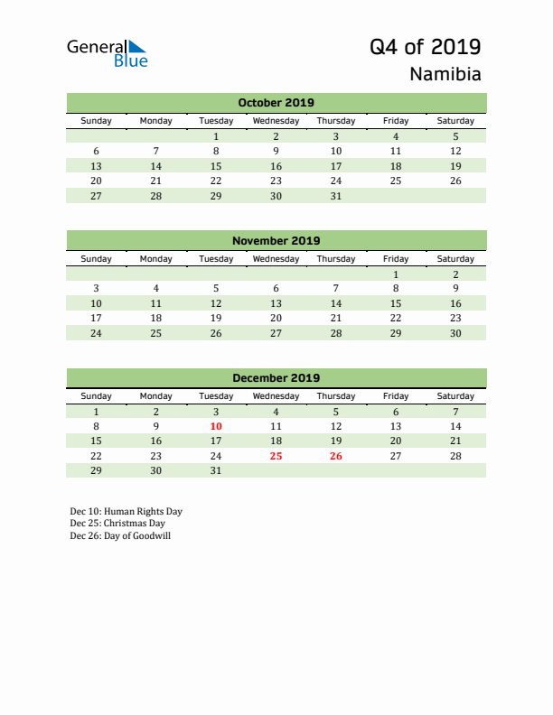 Quarterly Calendar 2019 with Namibia Holidays