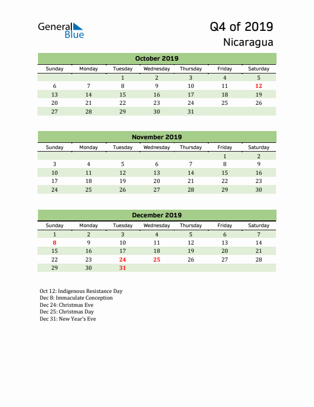 Quarterly Calendar 2019 with Nicaragua Holidays