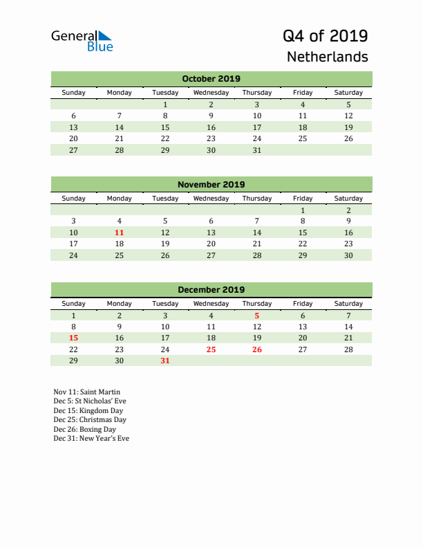 Quarterly Calendar 2019 with The Netherlands Holidays