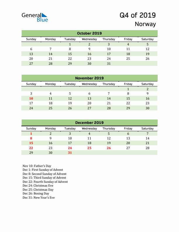 Quarterly Calendar 2019 with Norway Holidays