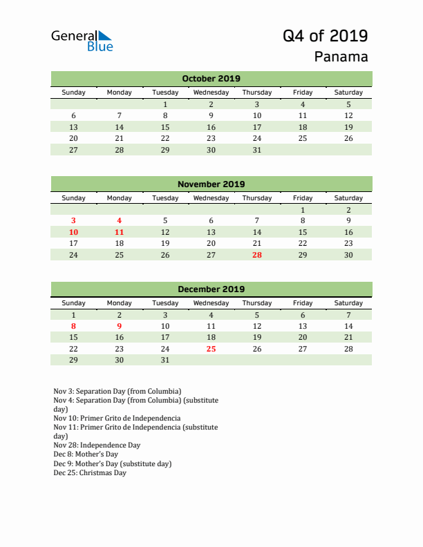 Quarterly Calendar 2019 with Panama Holidays