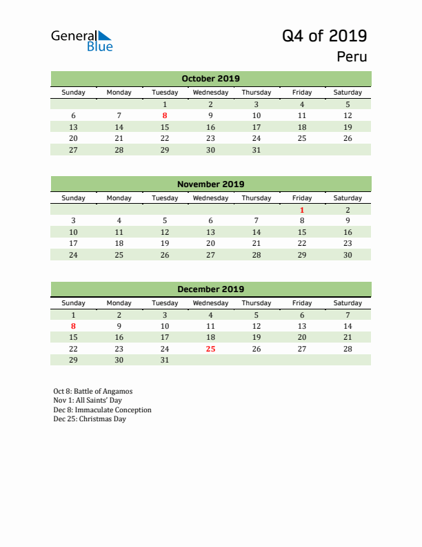 Quarterly Calendar 2019 with Peru Holidays