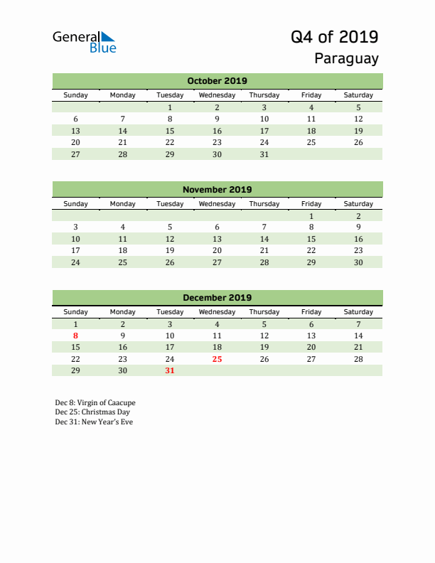 Quarterly Calendar 2019 with Paraguay Holidays