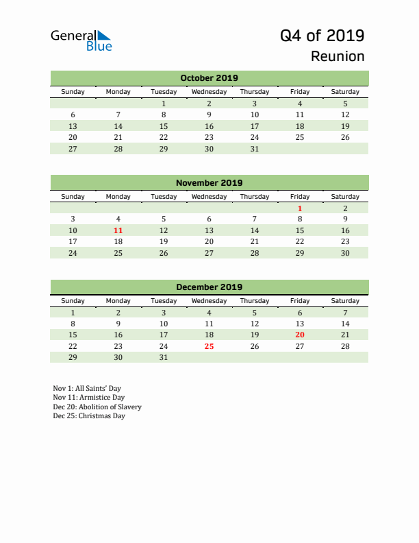 Quarterly Calendar 2019 with Reunion Holidays