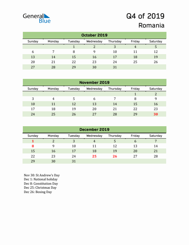 Quarterly Calendar 2019 with Romania Holidays