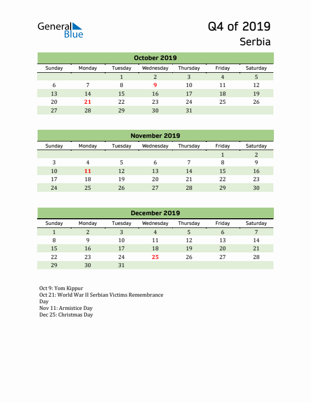 Quarterly Calendar 2019 with Serbia Holidays