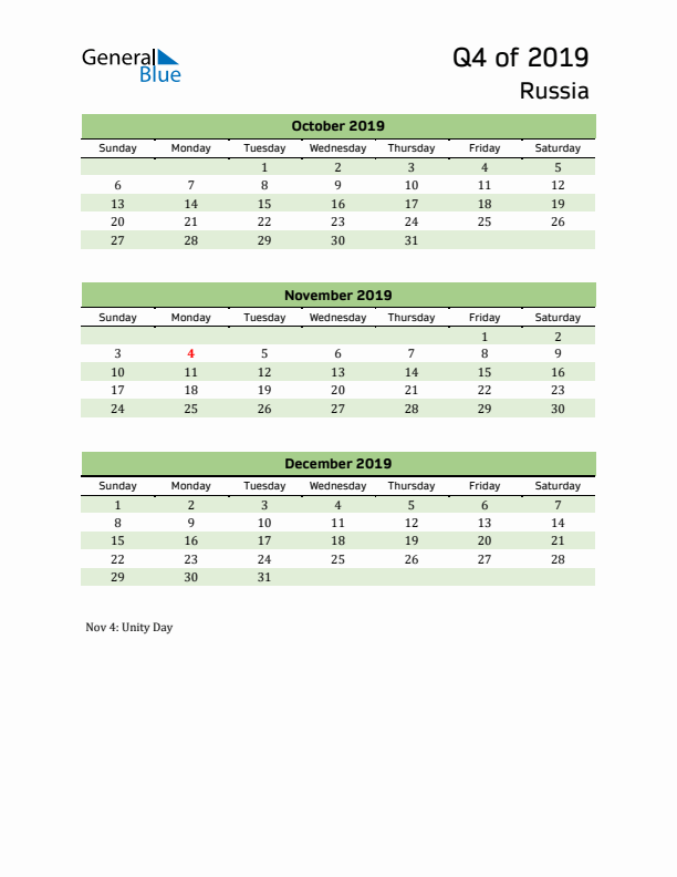 Quarterly Calendar 2019 with Russia Holidays