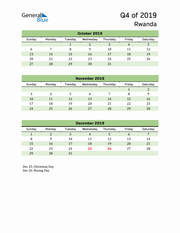 Quarterly Calendar 2019 with Rwanda Holidays