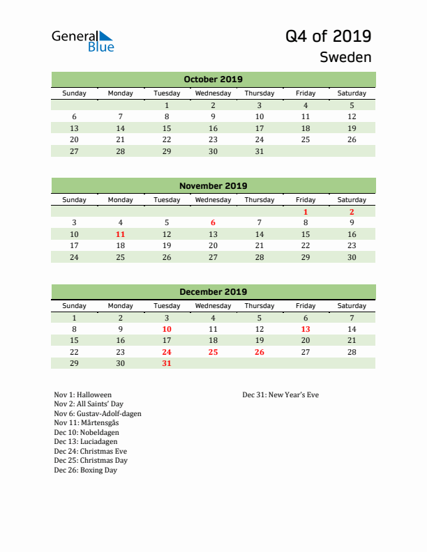 Quarterly Calendar 2019 with Sweden Holidays