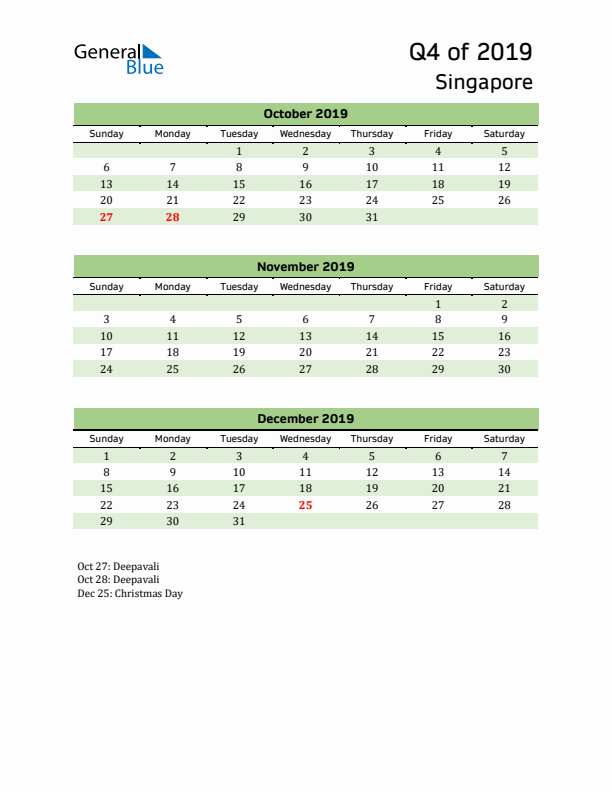 Quarterly Calendar 2019 with Singapore Holidays