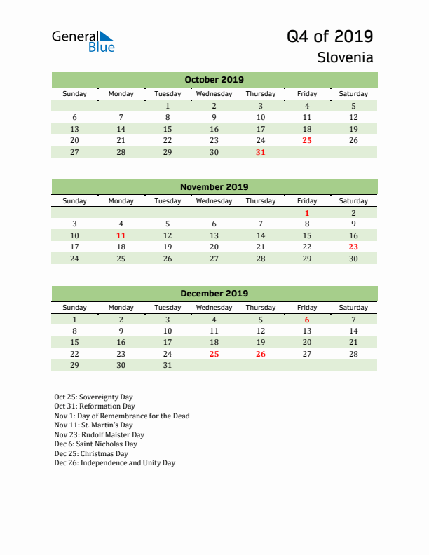 Quarterly Calendar 2019 with Slovenia Holidays