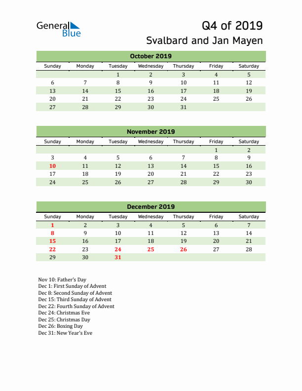 Quarterly Calendar 2019 with Svalbard and Jan Mayen Holidays