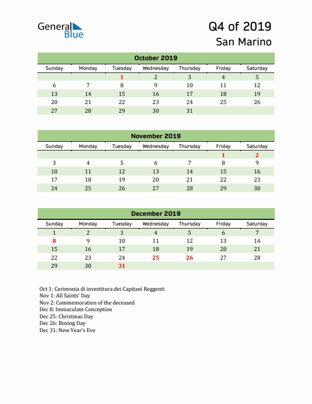 Quarterly Calendar 2019 with San Marino Holidays