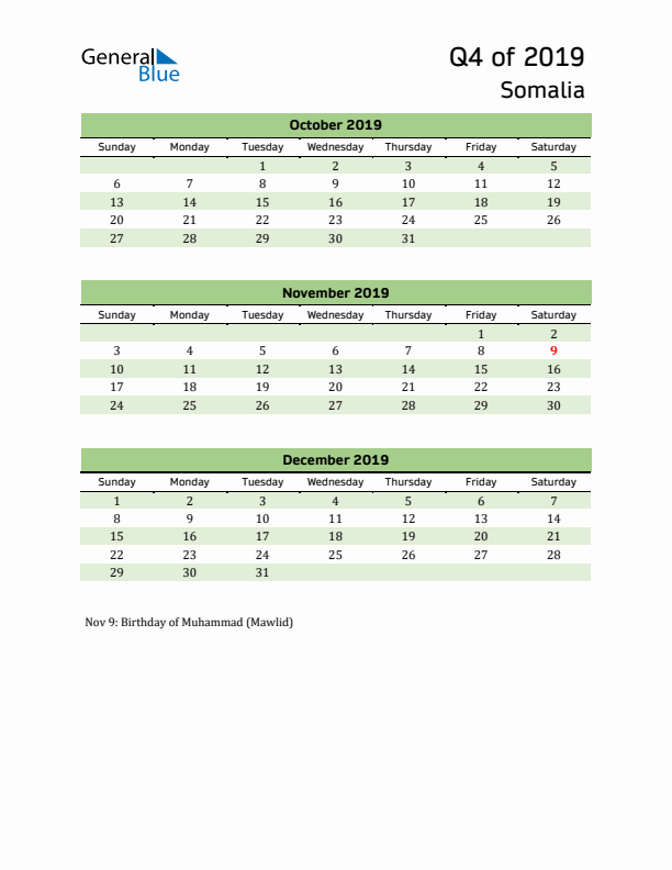 Quarterly Calendar 2019 with Somalia Holidays