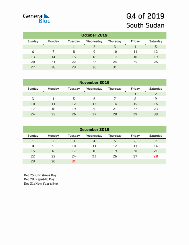 Quarterly Calendar 2019 with South Sudan Holidays