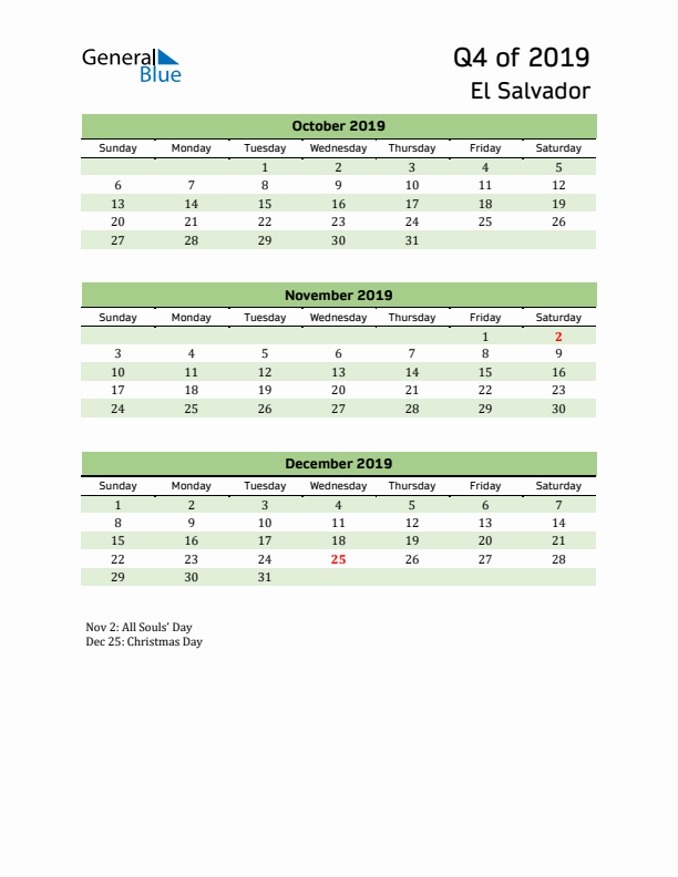 Quarterly Calendar 2019 with El Salvador Holidays