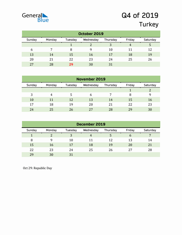 Quarterly Calendar 2019 with Turkey Holidays