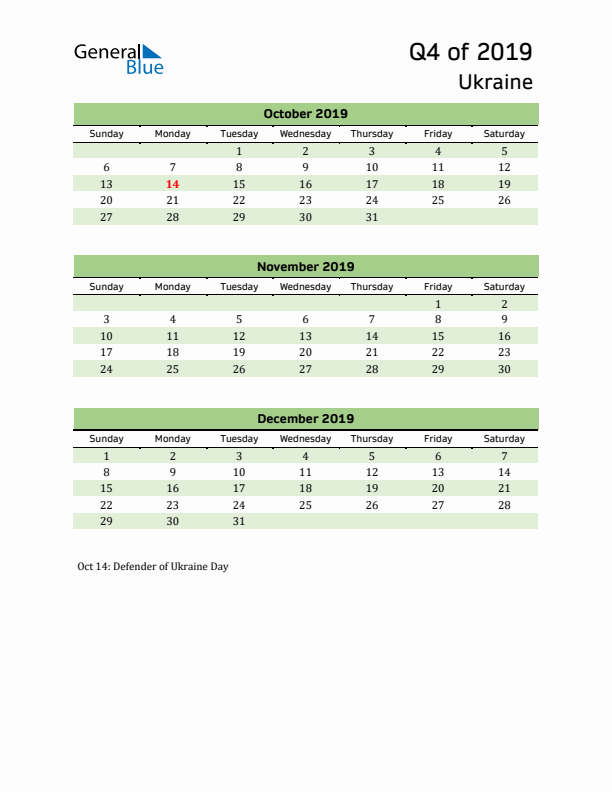 Quarterly Calendar 2019 with Ukraine Holidays