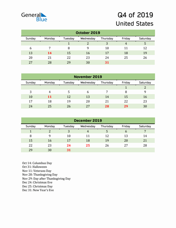 Quarterly Calendar 2019 with United States Holidays