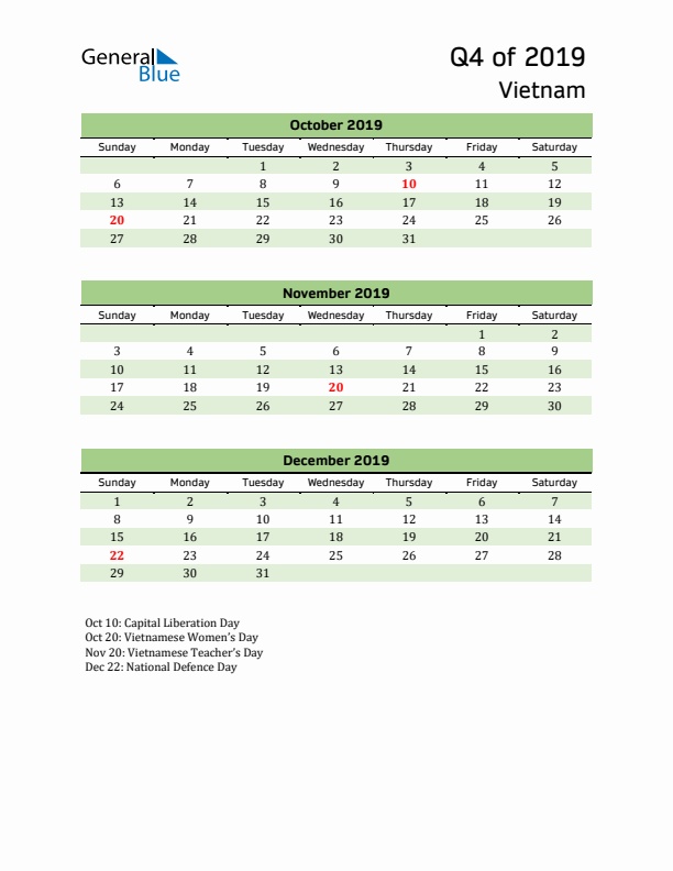 Quarterly Calendar 2019 with Vietnam Holidays