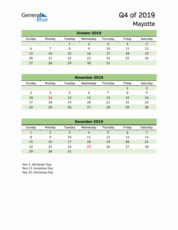 Quarterly Calendar 2019 with Mayotte Holidays