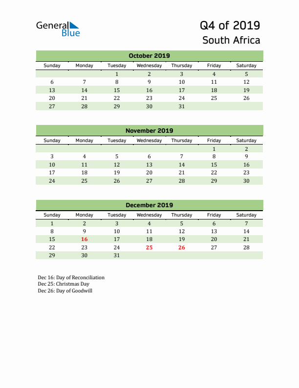 Quarterly Calendar 2019 with South Africa Holidays