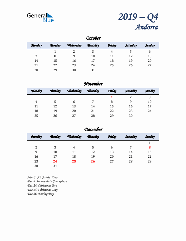 October, November, and December Calendar for Andorra with Monday Start