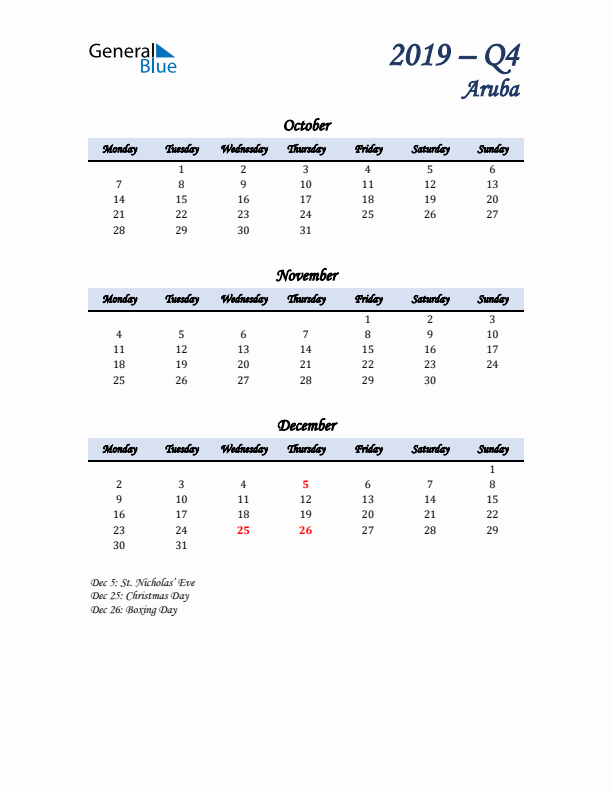 October, November, and December Calendar for Aruba with Monday Start