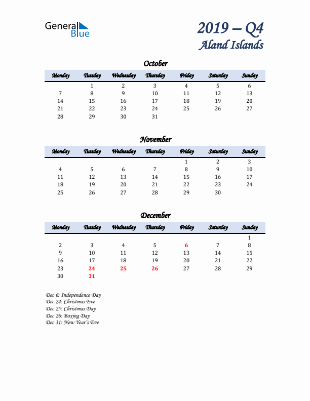 October, November, and December Calendar for Aland Islands with Monday Start