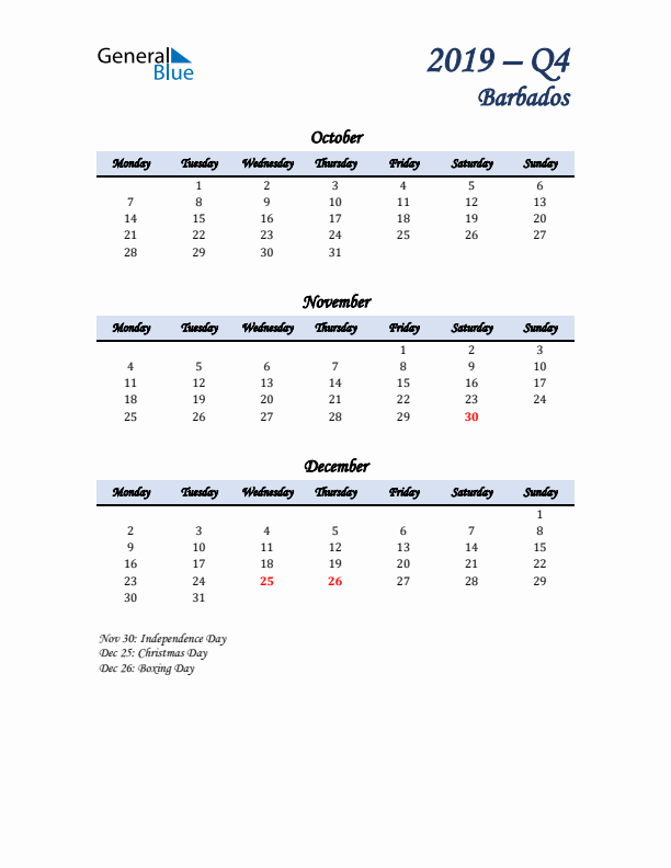 October, November, and December Calendar for Barbados with Monday Start