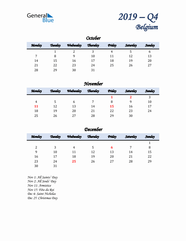 October, November, and December Calendar for Belgium with Monday Start