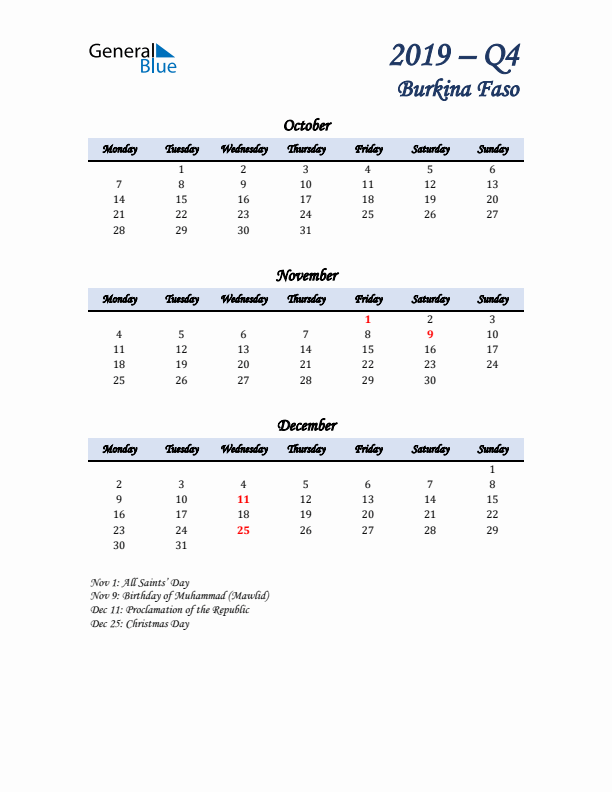 October, November, and December Calendar for Burkina Faso with Monday Start