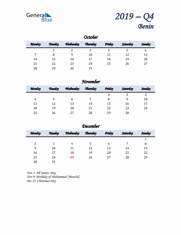 October, November, and December Calendar for Benin with Monday Start