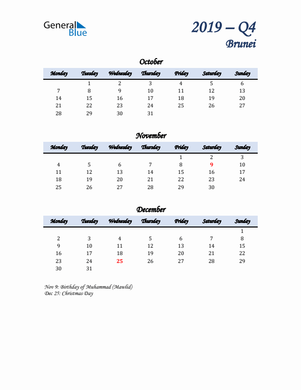 October, November, and December Calendar for Brunei with Monday Start