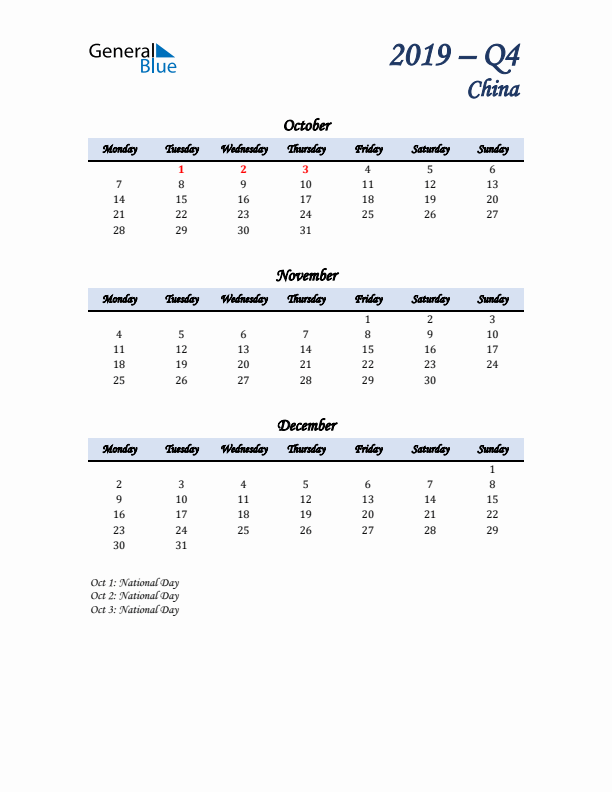 October, November, and December Calendar for China with Monday Start